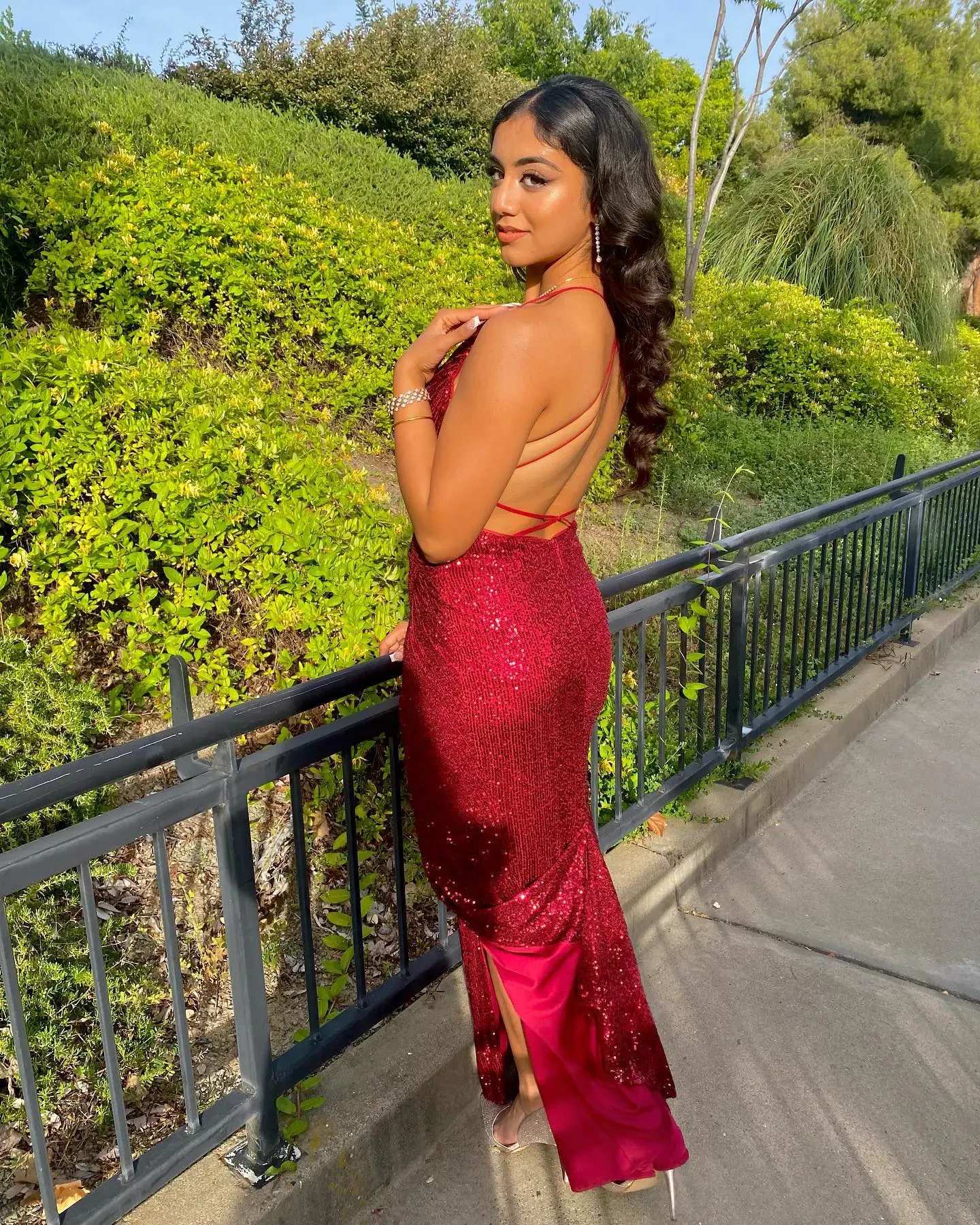 Model wearing a red dress
